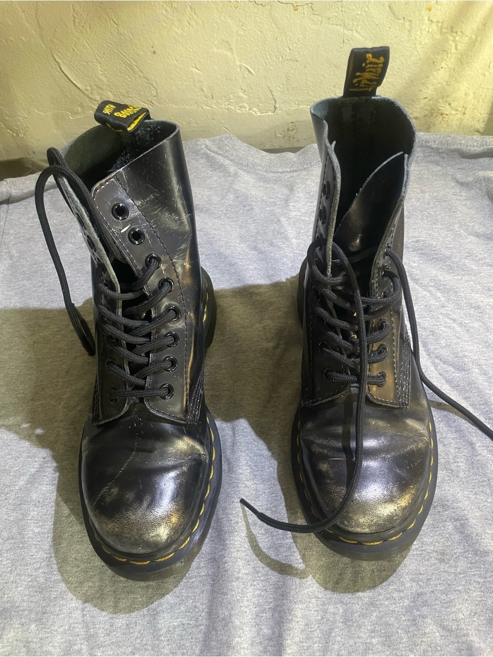 Dr. Martens Black Leather Lace-Up Boots with Yellow Stitching